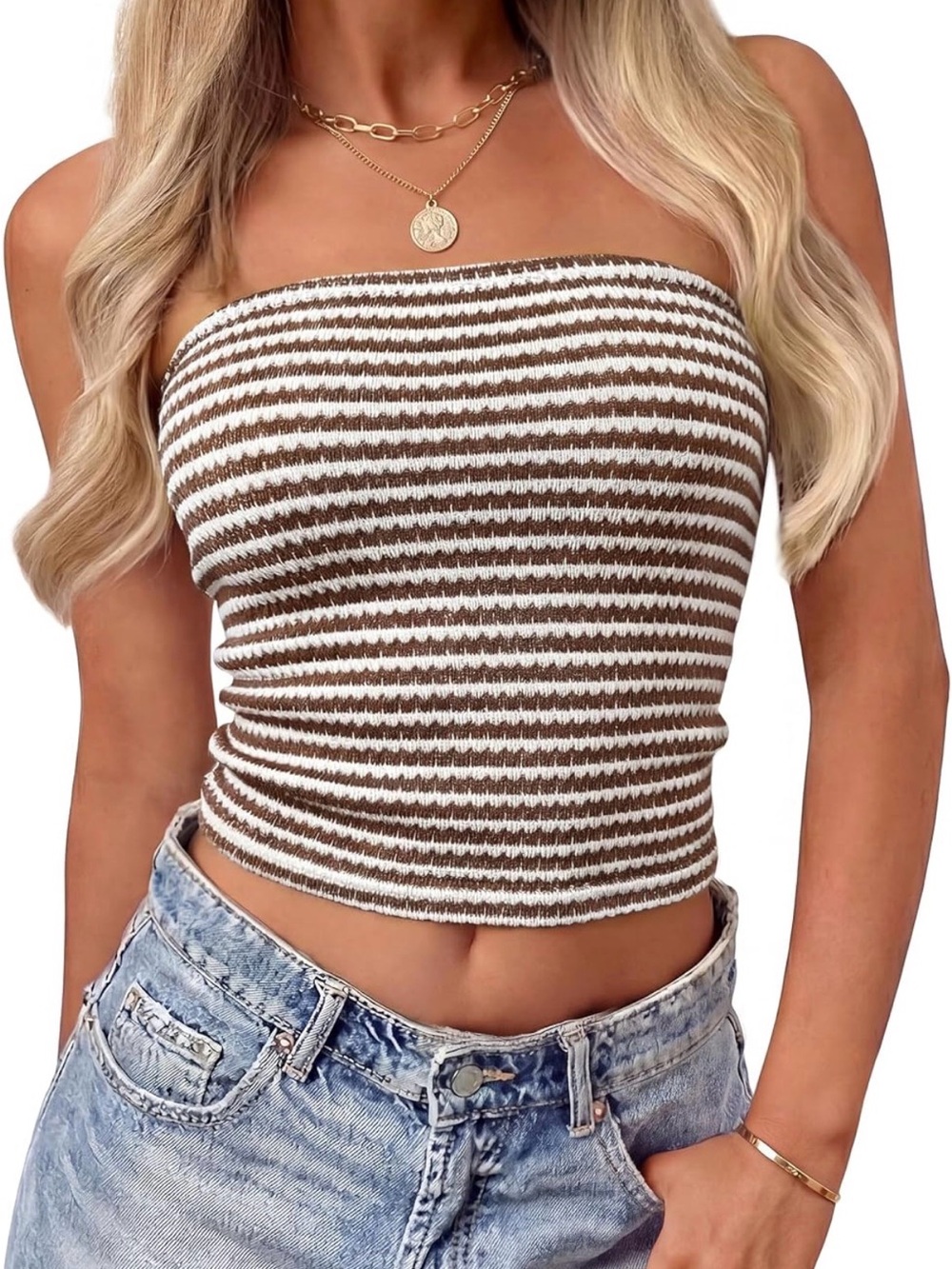 ZESICA Ribbed Striped Knit Top in Brown & Cream